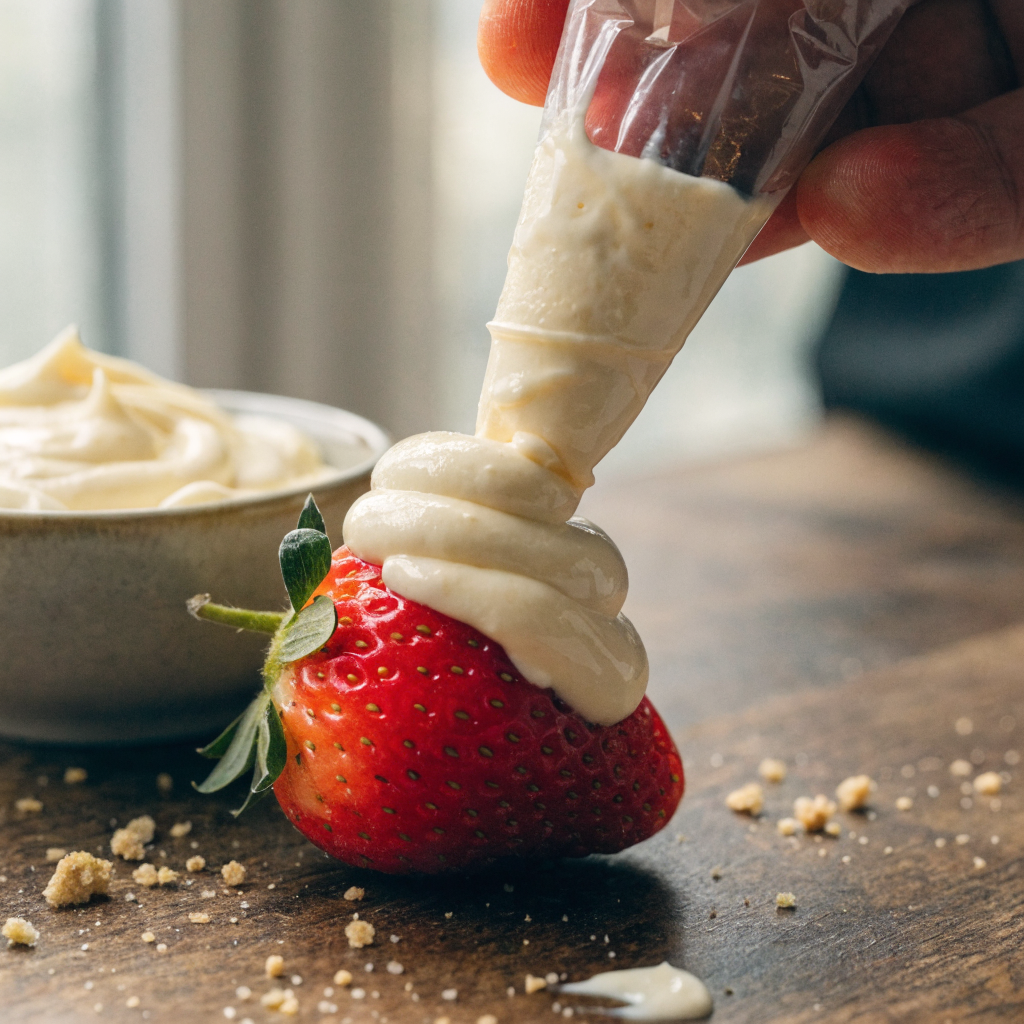 Close-up of cheesecake stuffed strawberries (no-bake, pipeable filling)