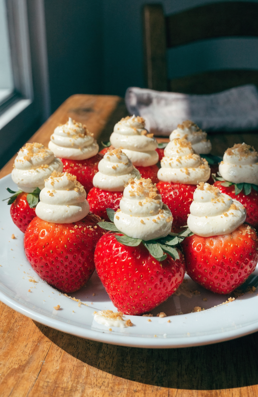 A small white plate of cheesecake stuffed strawberries with creamy filling and graham cracker crumbs