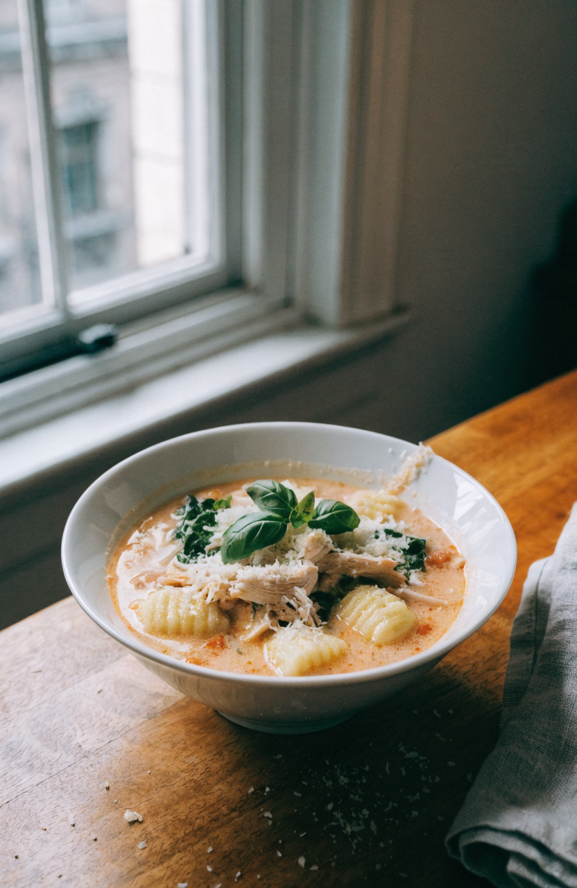 Bowl of chicken gnocchi soup with sun-dried tomato cream and basil garnish