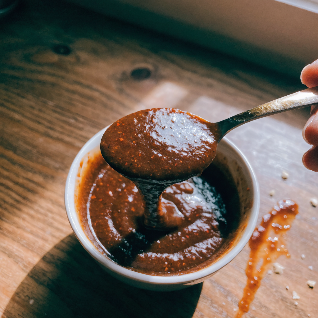 Close-up of homemade bbq sauce (balanced, stove-top)