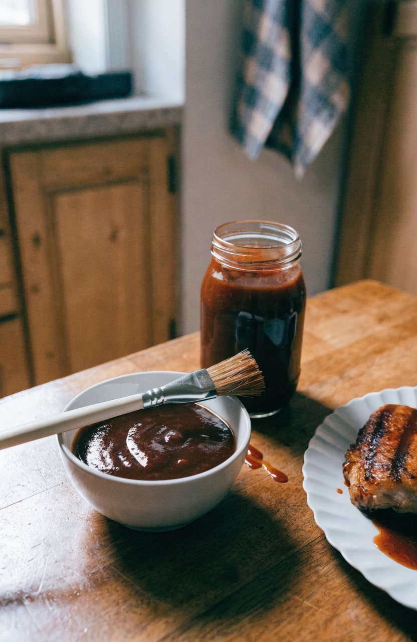 A jar and bowl of homemade BBQ sauce with a brush and grilled chicken