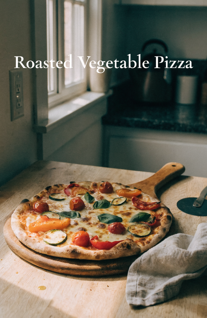 Roasted vegetable pizza on a wooden peel with melted cheese and basil