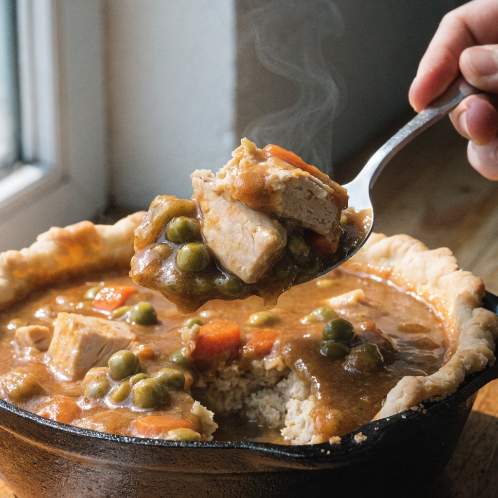 Close-up of cast iron skillet chicken pot pie with biscuit top