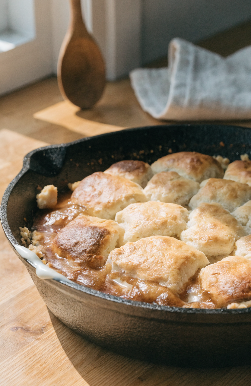 Skillet chicken pot pie with biscuit top in a 12-inch cast iron skillet