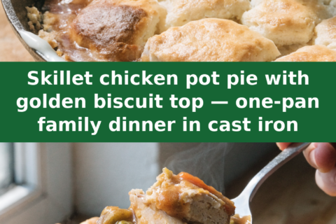 Skillet chicken pot pie with golden biscuit top — one-pan family dinner in cast iron Pinterest recipe pin