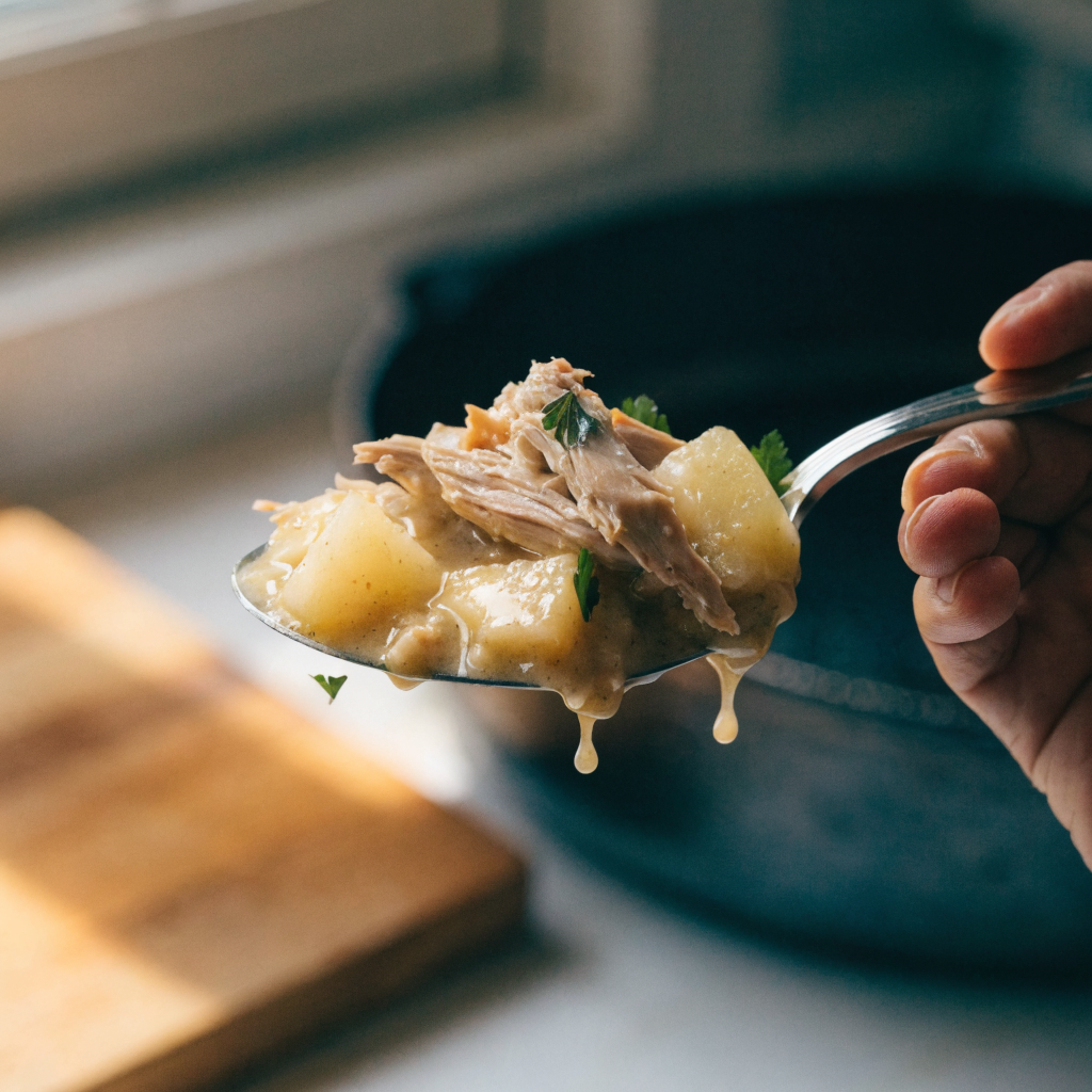 Close-up of slow cooker chicken stew with creamy broth and tender chicken