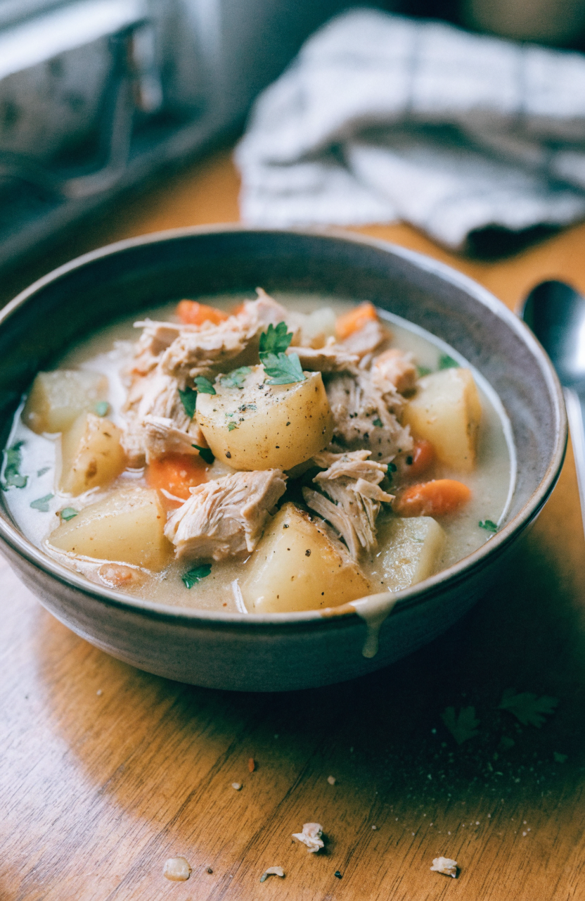 Bowl of slow cooker chicken stew with potatoes and parsley