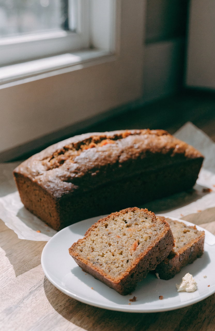 Sliced carrot cake banana bread on a wooden cutting board with a smear of cream cheese showing the moist crumb and shredded carrot