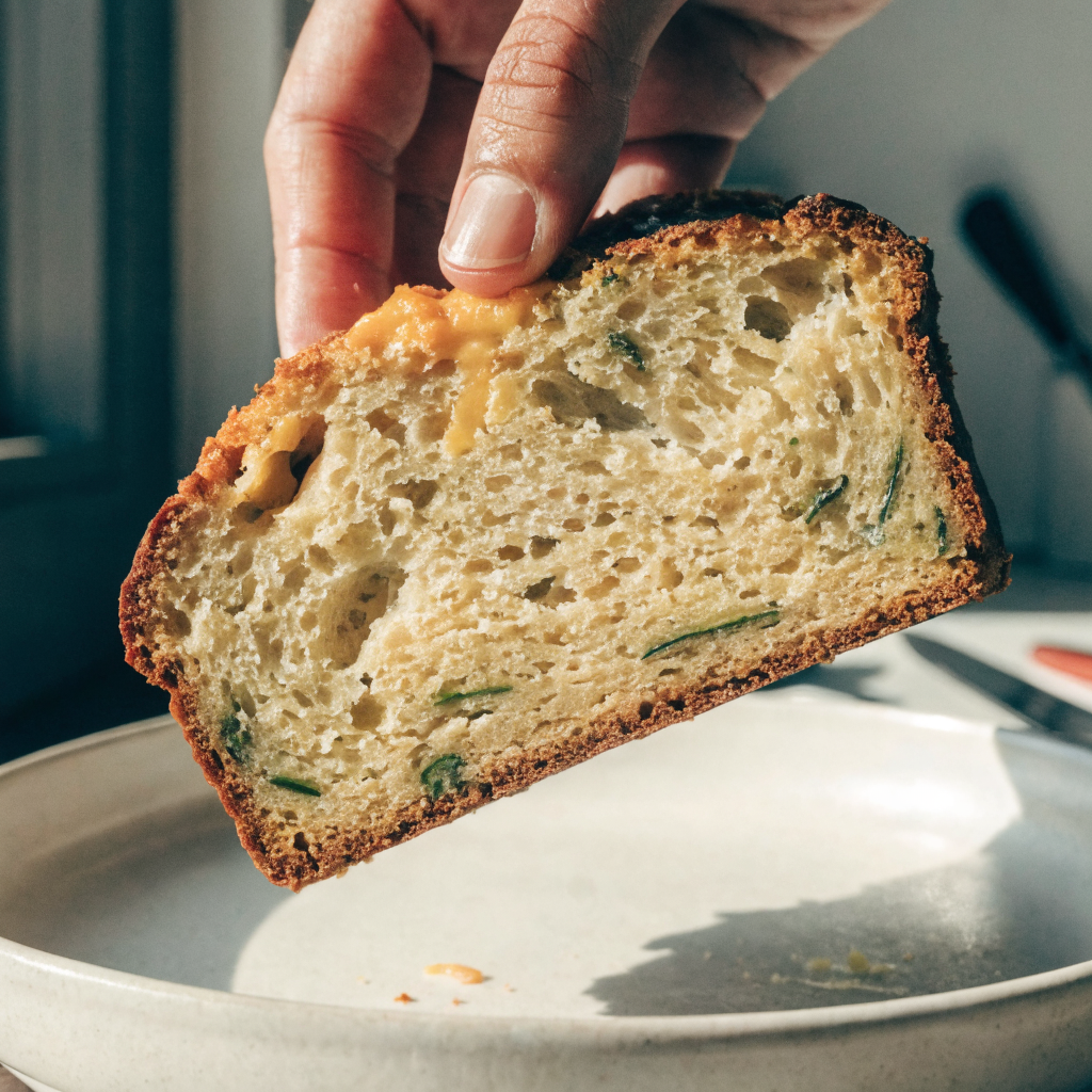 Close-up of quick cheddar zucchini bread