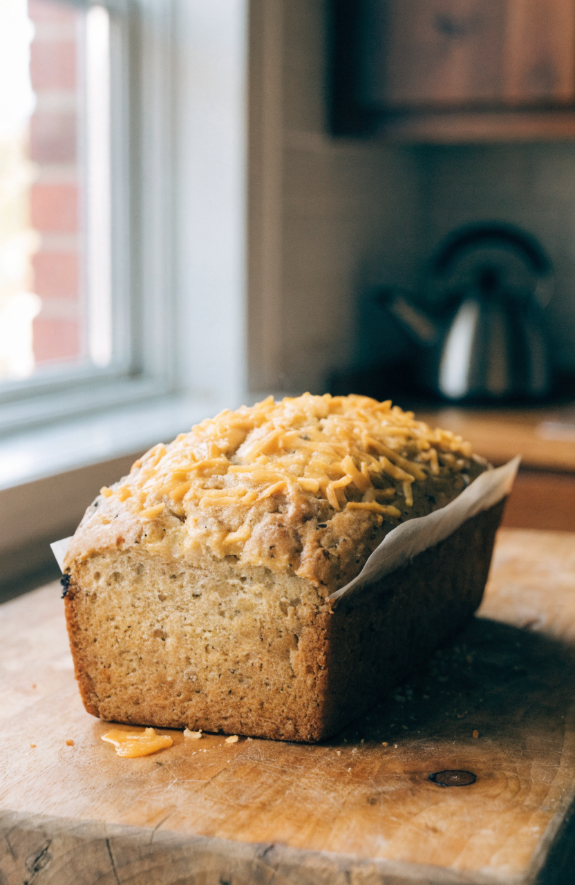 Slice of cheddar zucchini bread on a wooden board with visible grated zucchini and cheddar