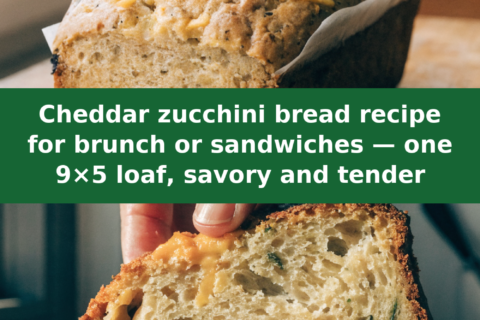 Cheddar zucchini bread recipe for brunch or sandwiches — one 9×5 loaf, savory and tender Pinterest recipe pin