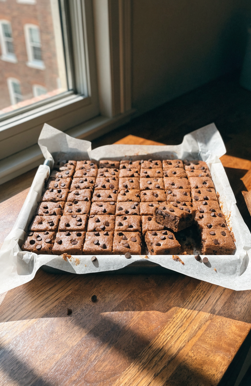 Loaf of chocolate chip banana bars on a wooden board with a slice removed showing the soft, chewy interior