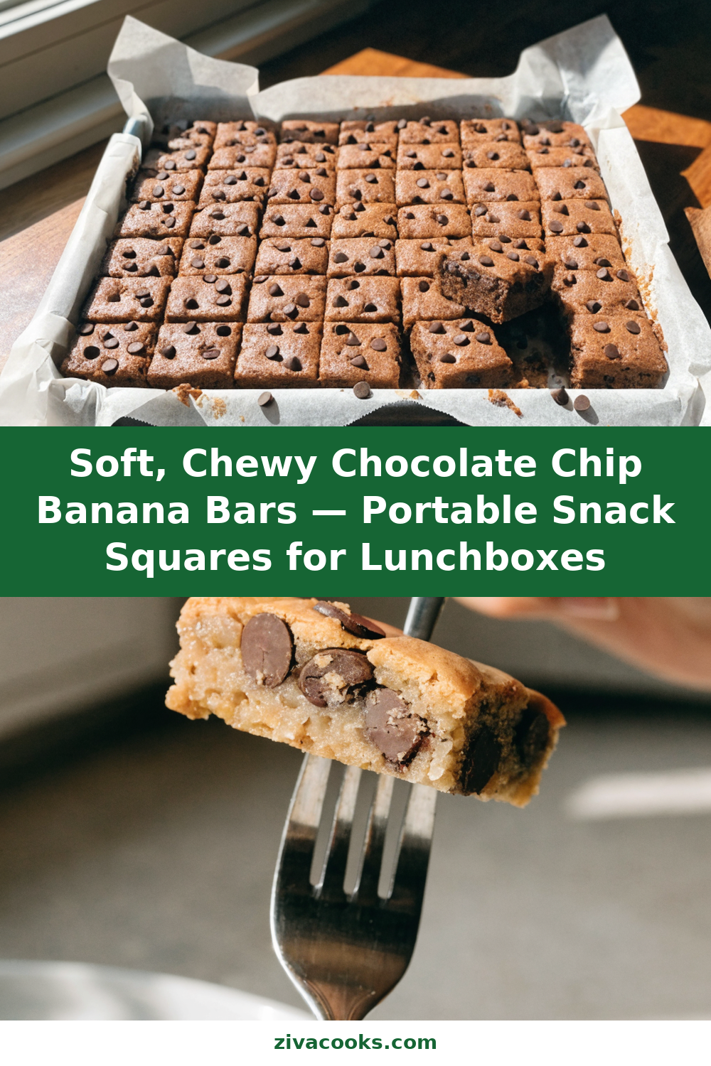 Soft, Chewy Chocolate Chip Banana Bars — Portable Snack Squares for Lunchboxes Pinterest recipe pin