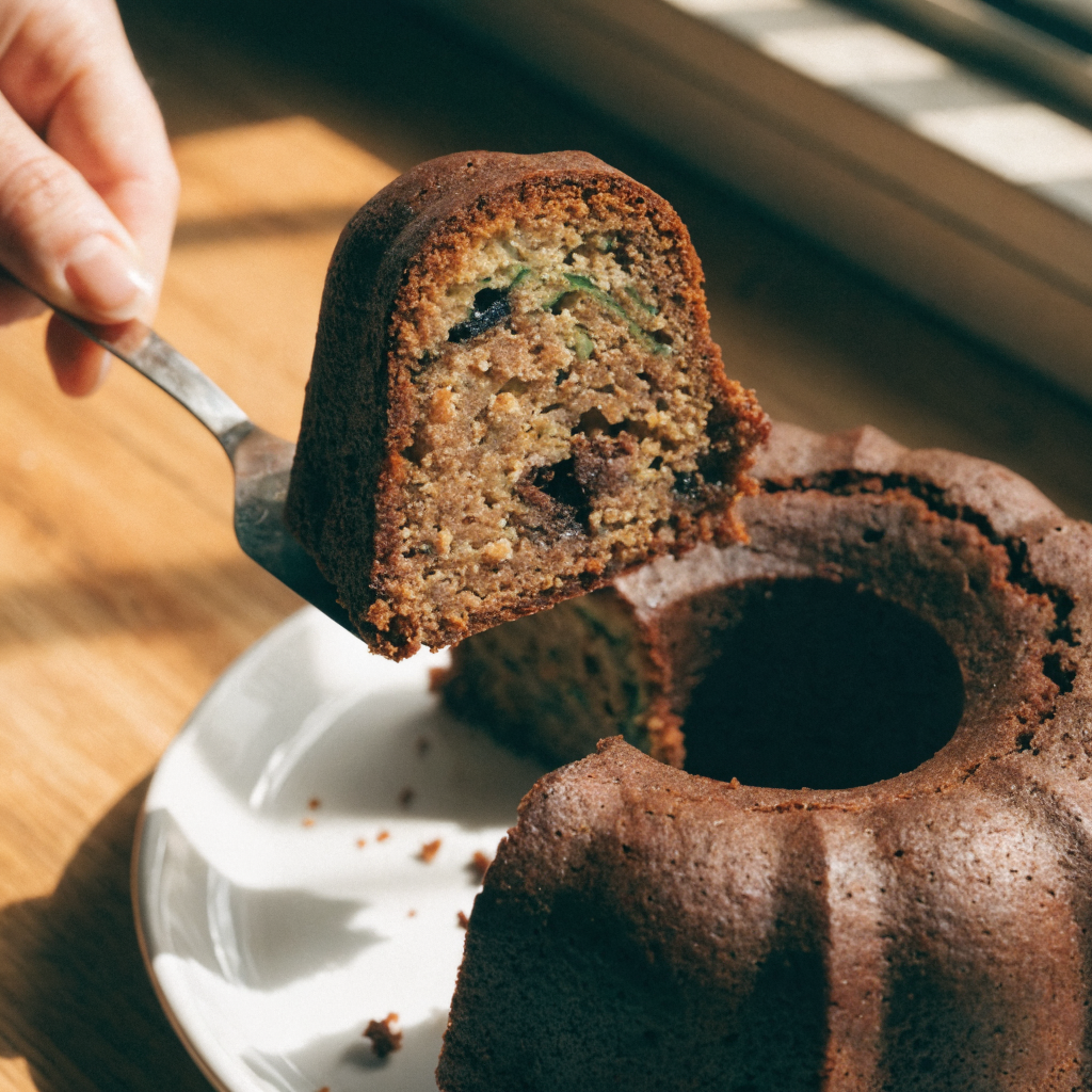 Close-up of chocolate zucchini bundt cake