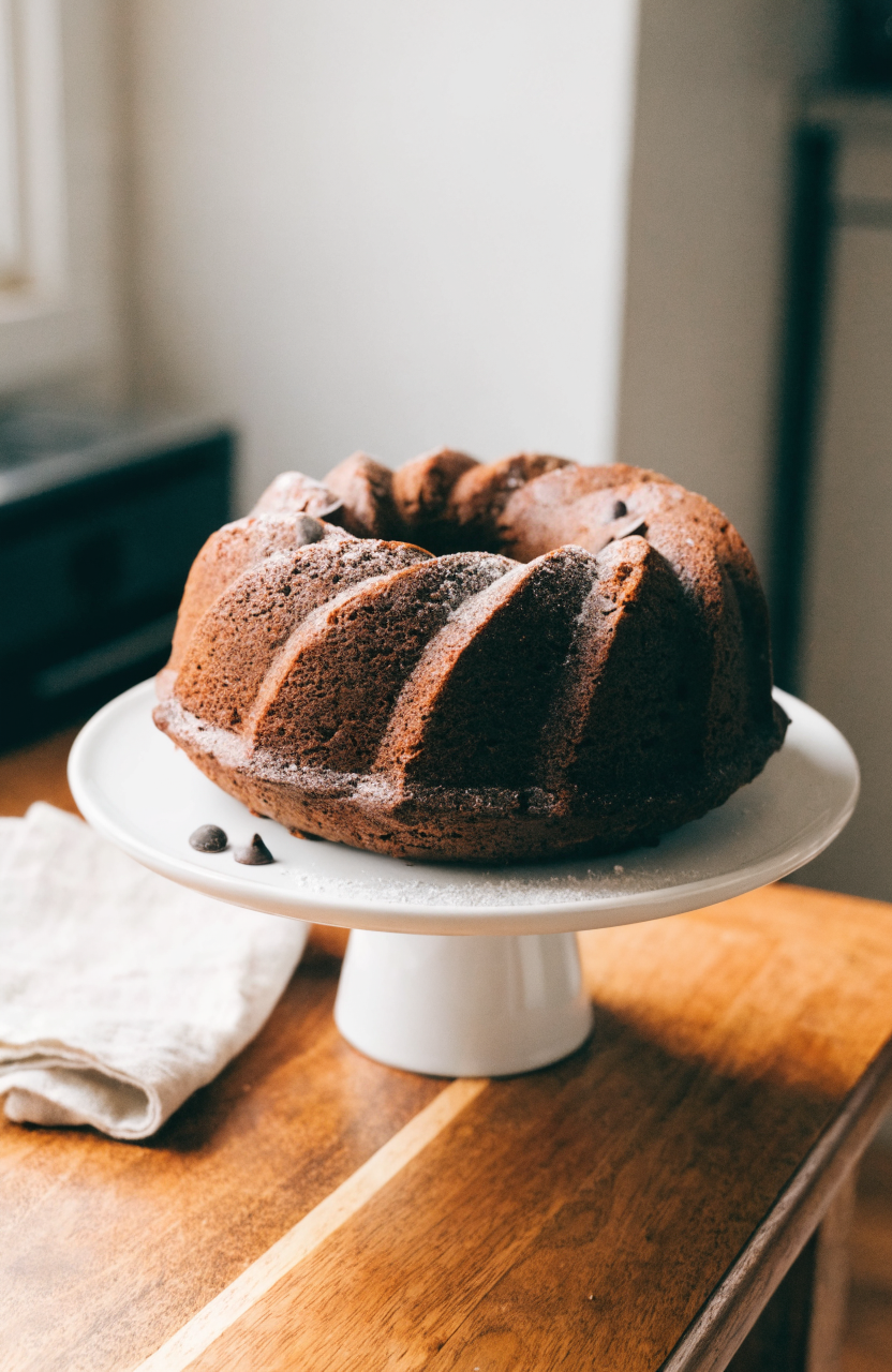 A slice of chocolate zucchini bundt cake on a white plate with a dusting of powdered sugar and the whole bundt in the background showing the ring shape and cocoa dusting