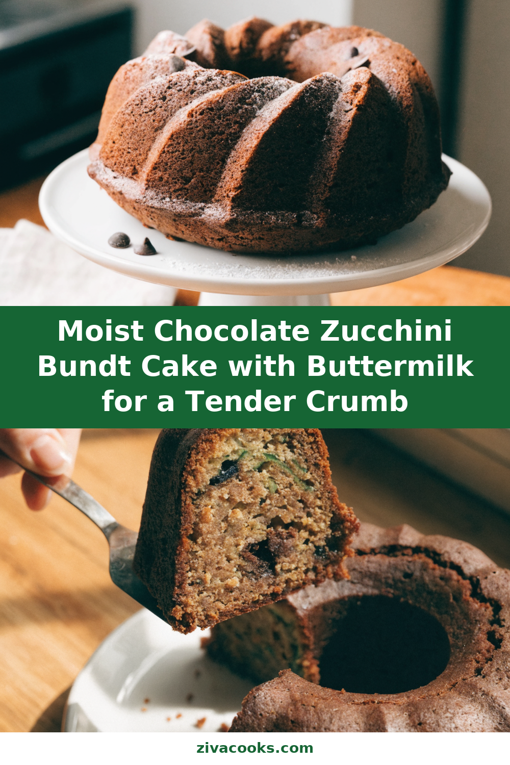 Moist Chocolate Zucchini Bundt Cake with Buttermilk for a Tender Crumb Pinterest recipe pin