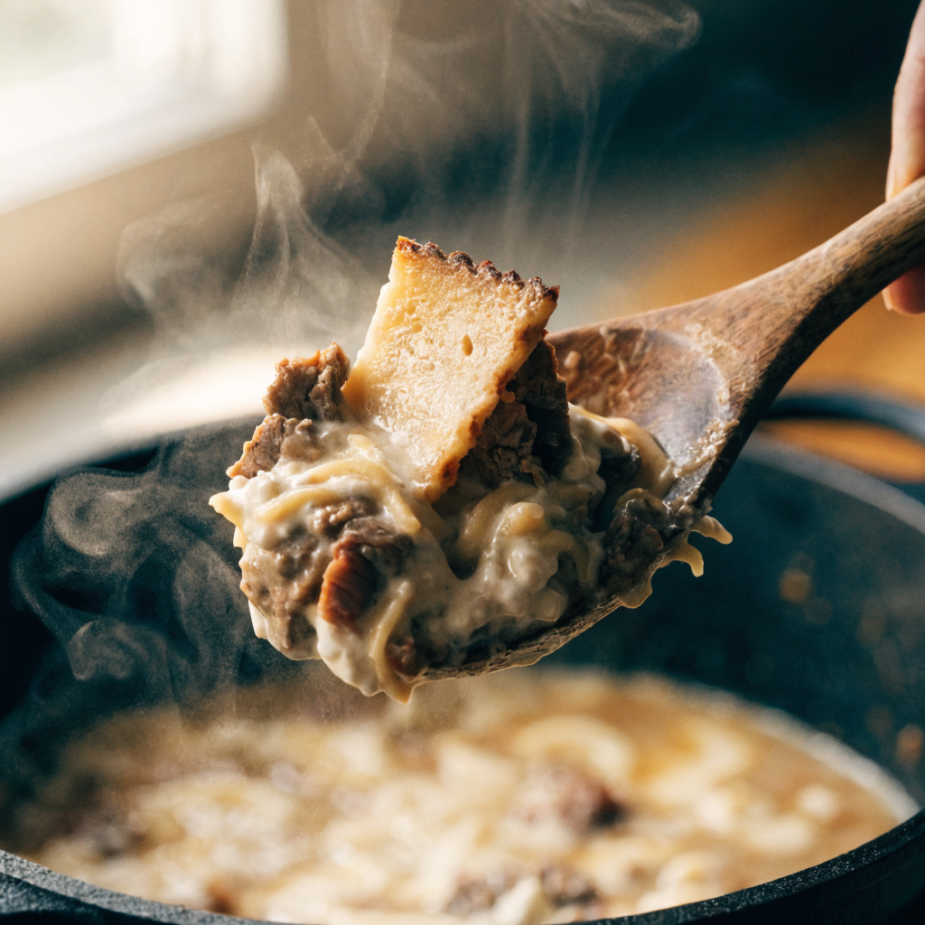Close-up of stovetop lasagna soup with creamy ricotta finish