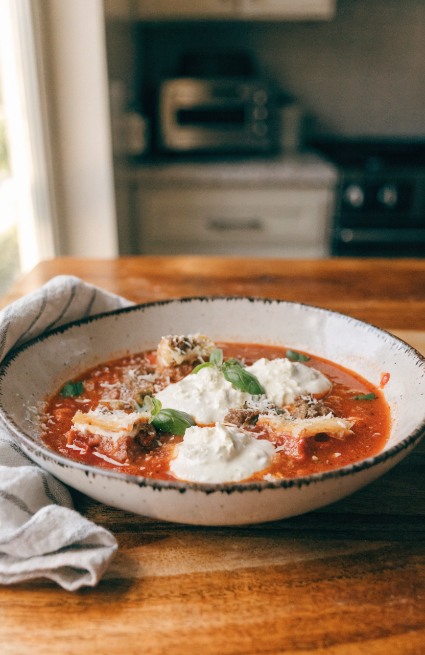Bowl of lasagna soup with broken noodles, meat, and dollops of ricotta