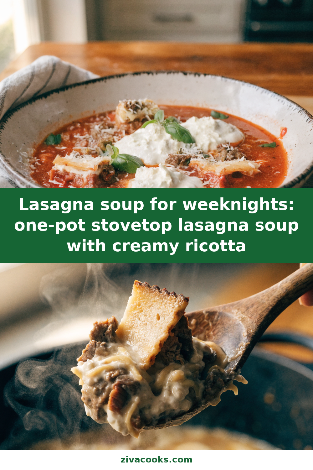 Lasagna soup for weeknights: one-pot stovetop lasagna soup with creamy ricotta Pinterest recipe pin